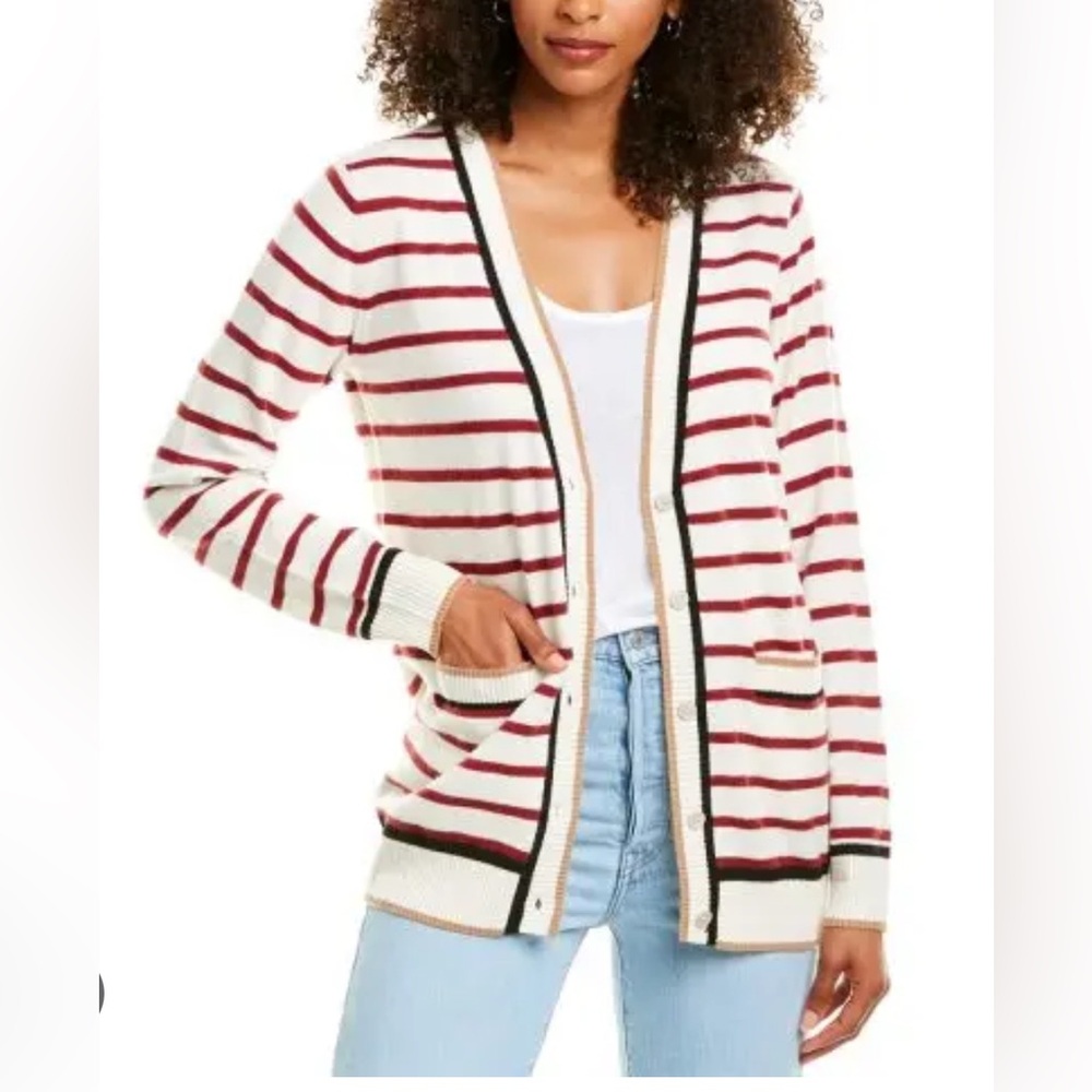 Revive Cashmere Striped Cardigan Sweater 100% Cashmere Burgundy Cream Size S